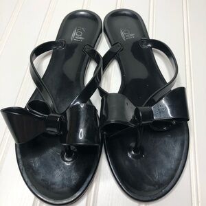 Kali black flip flops with bows, size 8